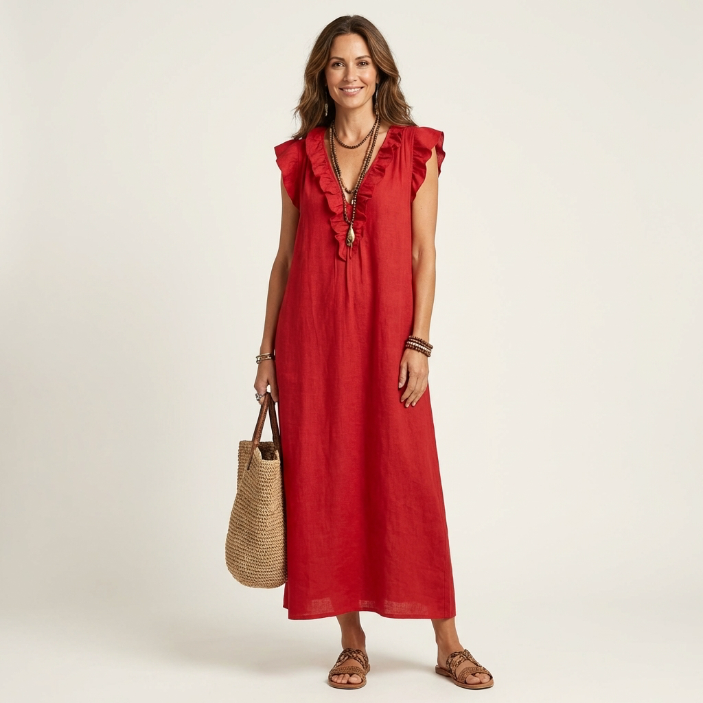 Side view of women's flowy ruffle V-neck maxi dress in motion, ideal for elegant summer day or holiday wear.
