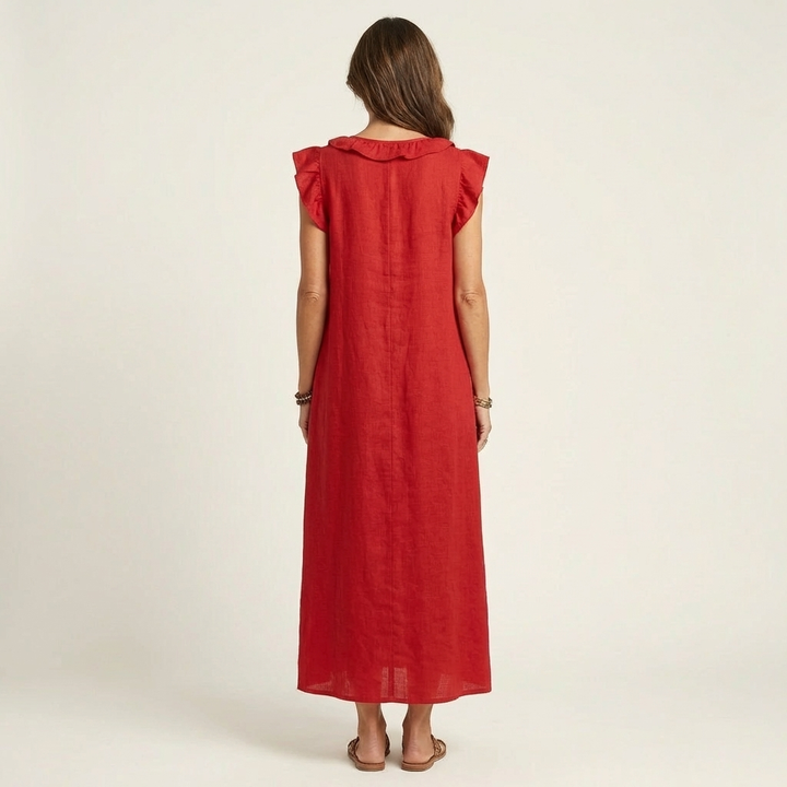 Back view of women's elegant maxi dress, showcasing flowy silhouette & comfortable design for summer casual.