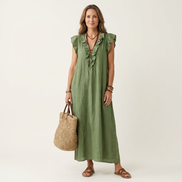 Fabric texture detail of elegant women's maxi dress, highlighting soft, flowy fabric perfect for summer day wear.
