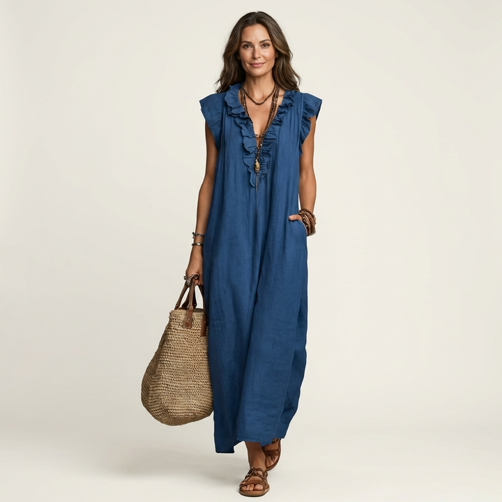 Elegant women's ruffle V-neck maxi dress in a relaxed setting, ideal for casual summer or day dress occasions.