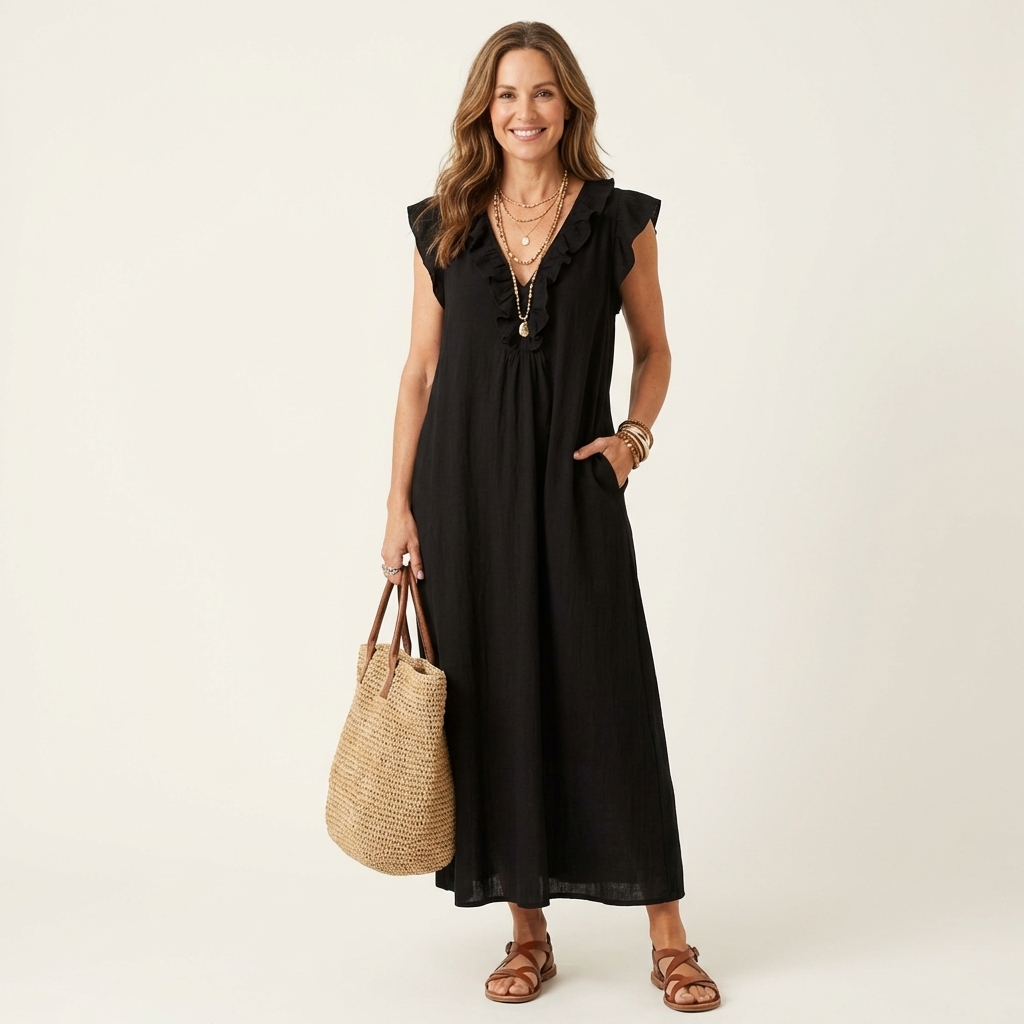 Comfortable women's elegant ruffle V-neck maxi dress, perfect for warm summer days, holidays & casual events.