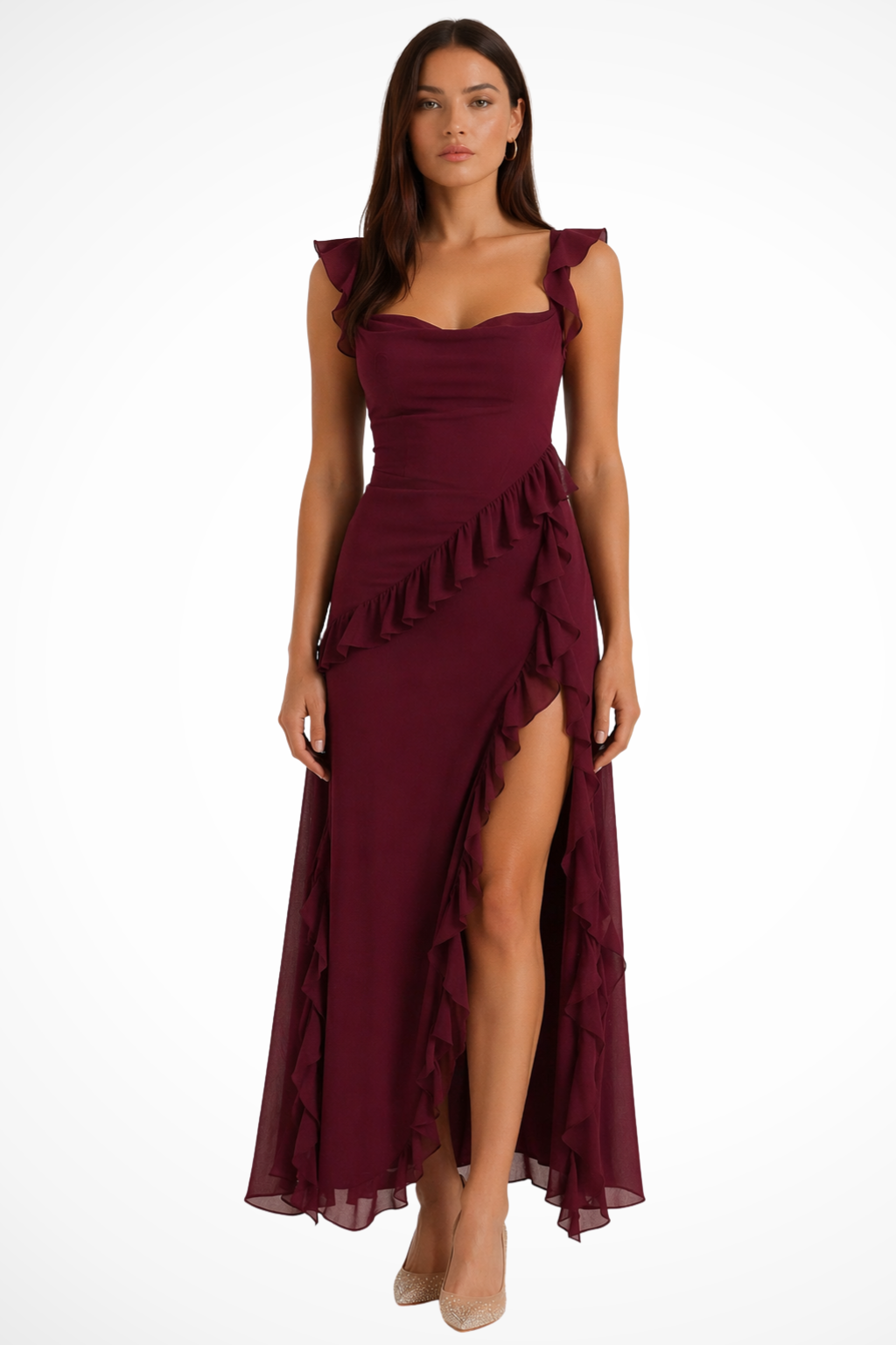 Modern formal dress for women, sleeveless, knee-length, with an elegant ruffle and leg slit.