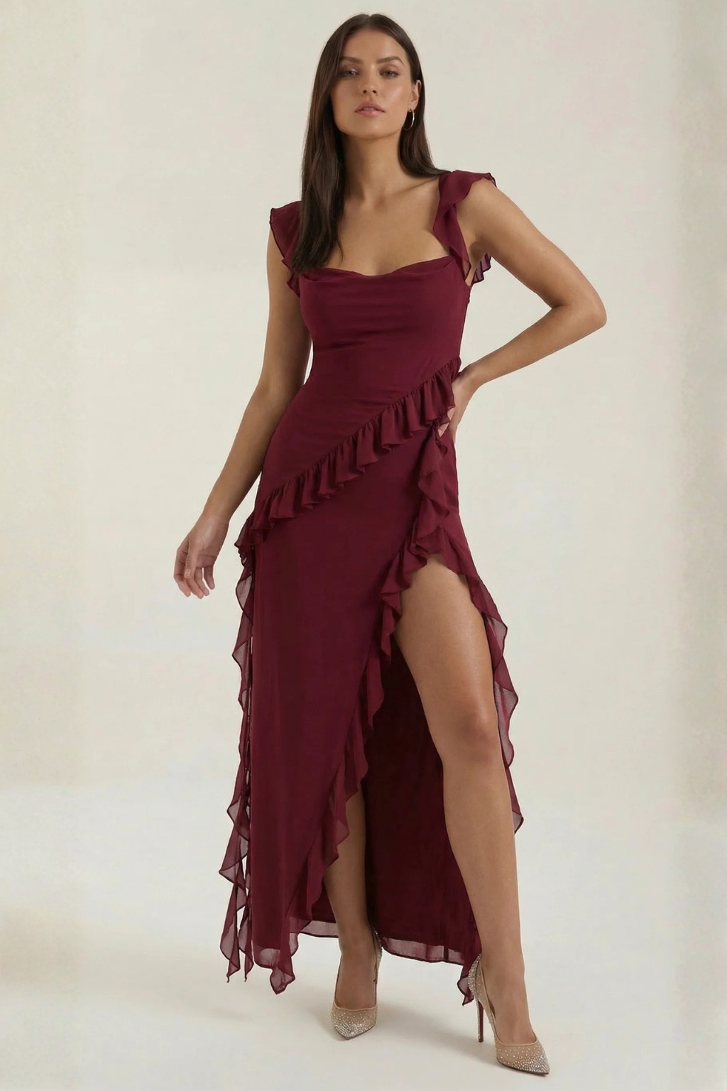 Women's versatile special occasion dress, featuring a beautiful ruffle and an eye-catching side slit.