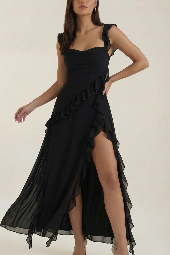 Chic graduation party dress for women, featuring a modern ruffle and an elegant thigh slit.