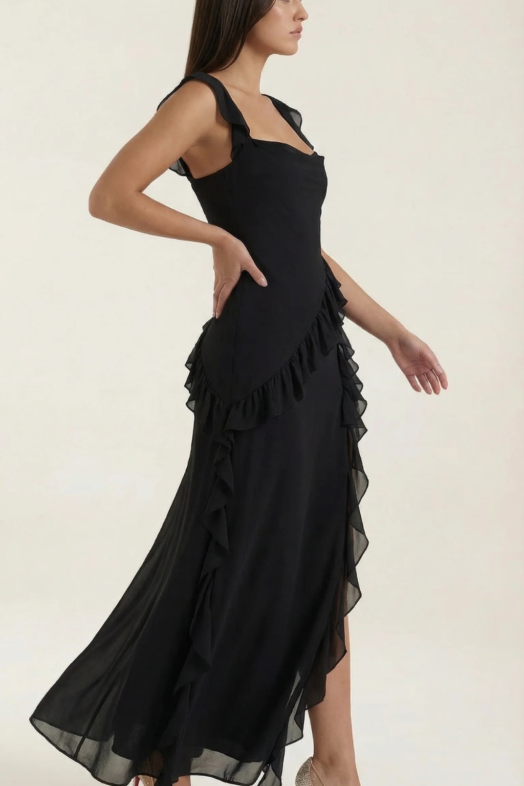 Women's formal ruffled midi dress with a stylish side slit, ideal for special occasions.
