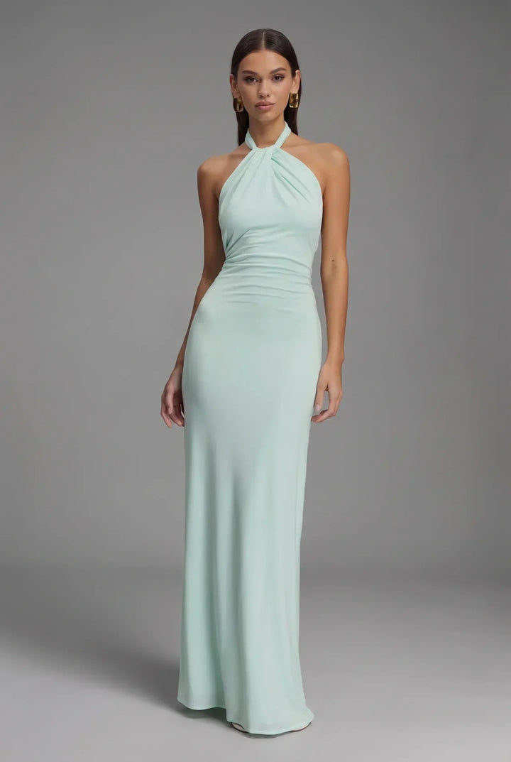Women's elegant satin halter maxi dress with open back