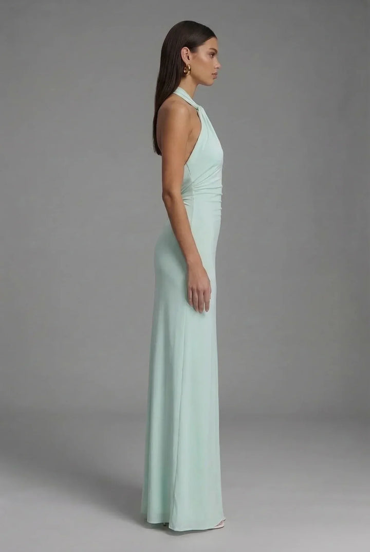 Chic halter neck open back occasion wear, sophisticated satin dress