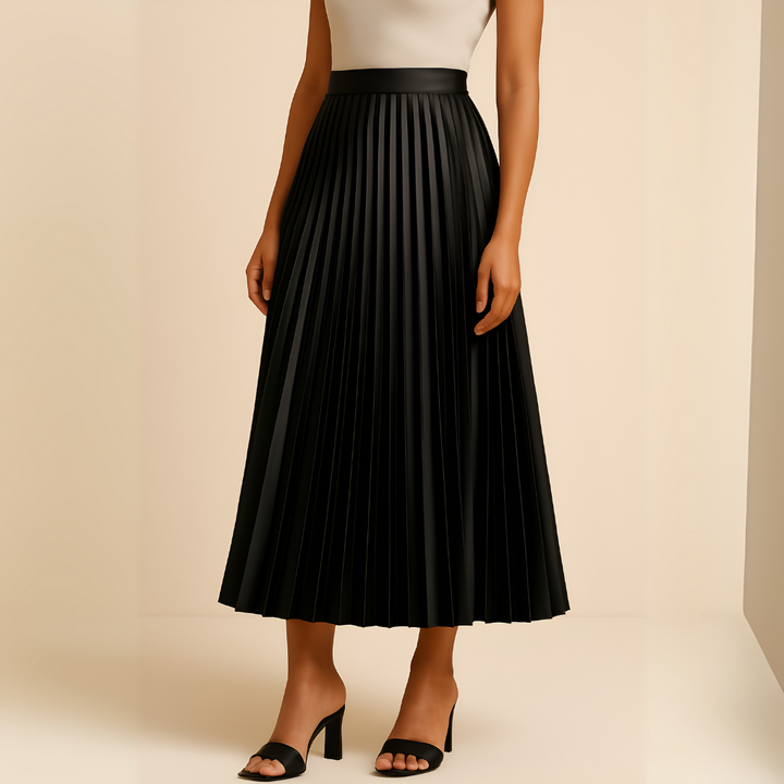 Women's elegant satin high-waist pleated midi skirt in classic black.