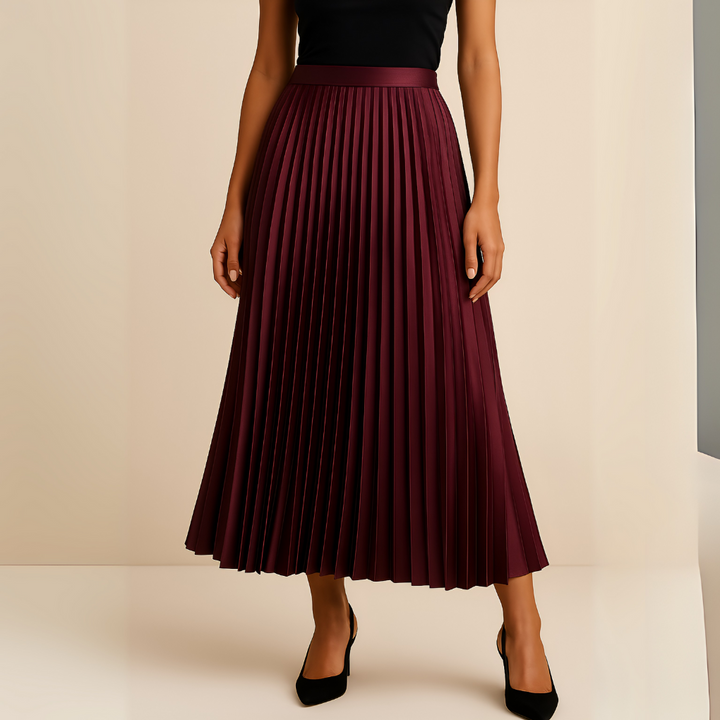 Chic pleated satin midi skirt with a flattering high-waist design for women.