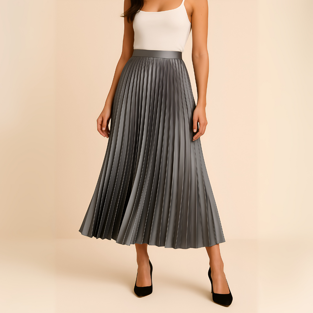 Versatile satin midi skirt, perfect for dressy or casual occasions.