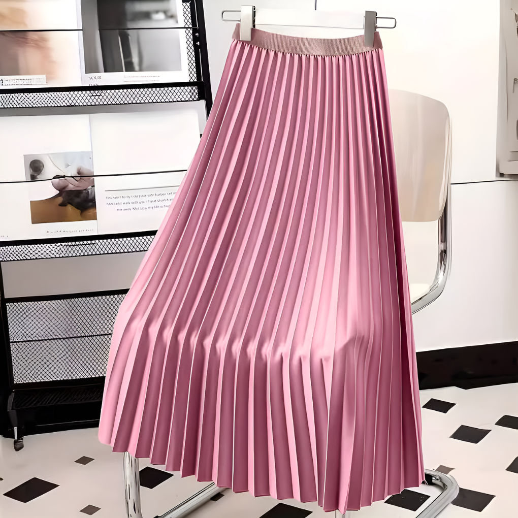 Stylish women's fashion: satin pleated midi skirt with a sophisticated look.