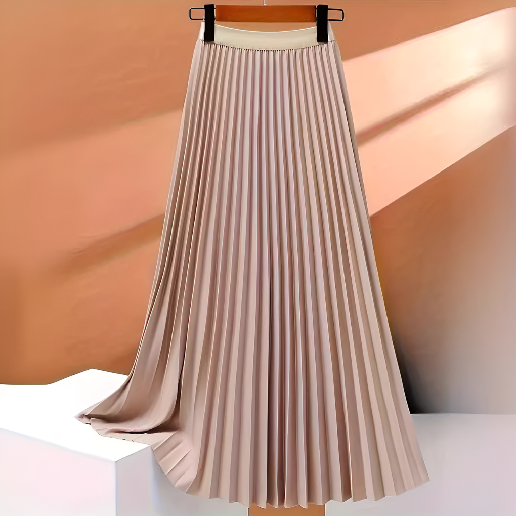 Effortlessly elegant midi skirt: high-waist, satin, and perfectly pleated.