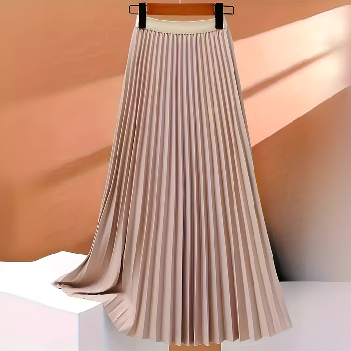 Effortlessly elegant midi skirt: high-waist, satin, and perfectly pleated.