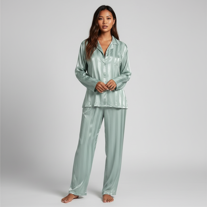 Stylish striped satin button-up top from the women's two-piece loungewear set.