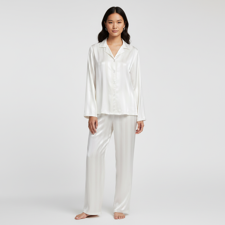 Comfortable relaxed satin trousers, part of the elegant women's homewear set.