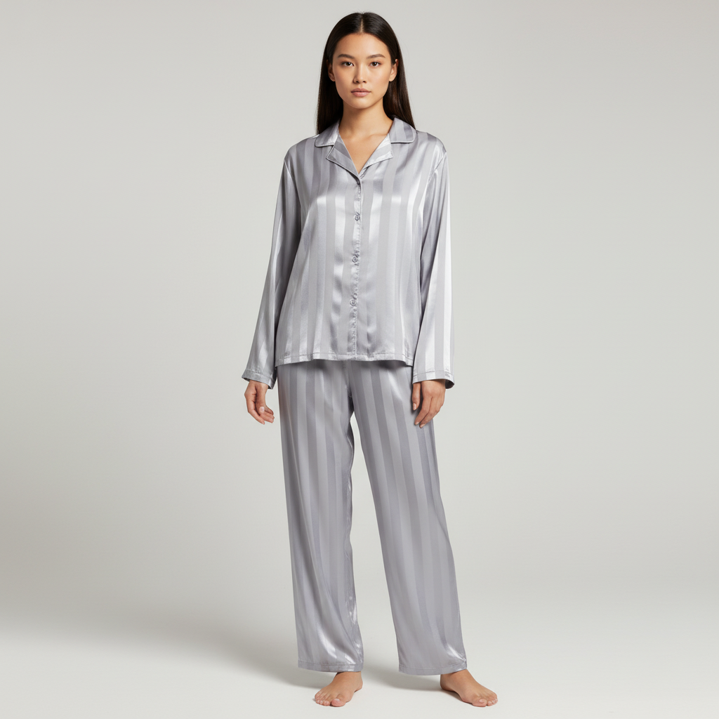 Full view of the women's satin sleepwear set, featuring a button-up shirt and pants.