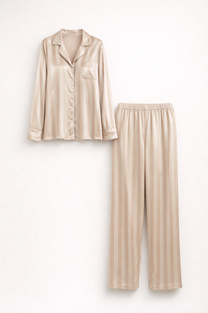 Matching women's satin lounge set: button-up top and coordinating relaxed trousers.