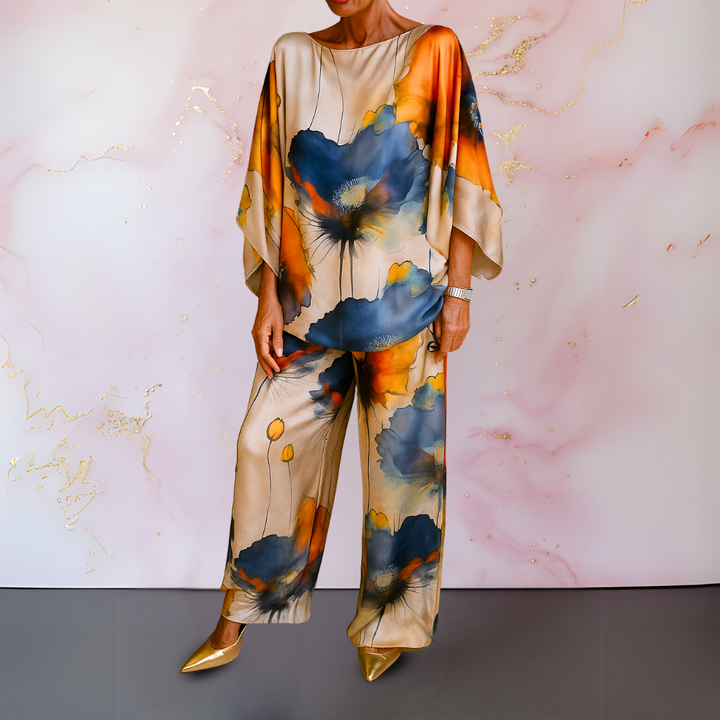 Women's elegant satin two-piece set for a chic, versatile outfit. Perfect for formal or casual resort wear.