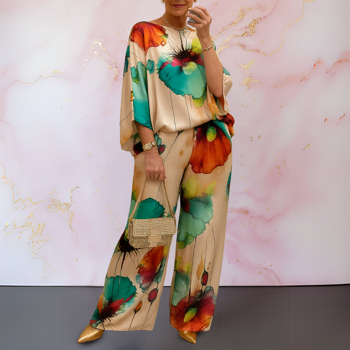 Smooth, flowing satin two-piece set for women. An elegant and luxurious matching outfit for any occasion.