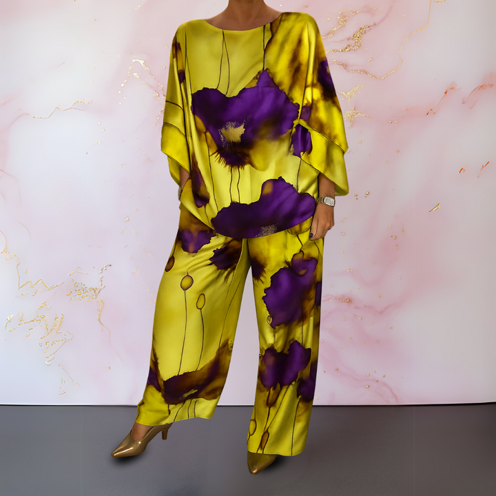 Versatile women's satin matching outfit. Two-piece set for elegant formal events or chic casual wear.