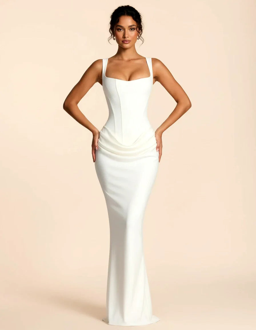 Women's elegant sculpted midi dress for sophisticated evening events & occasion wear.