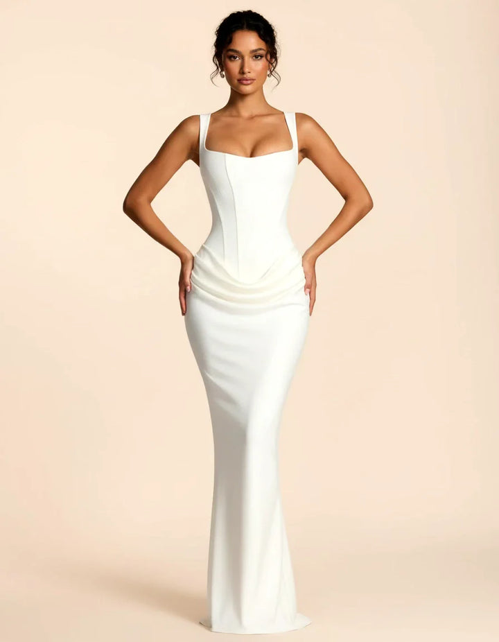 Women's elegant sculpted midi dress for sophisticated evening events & occasion wear.