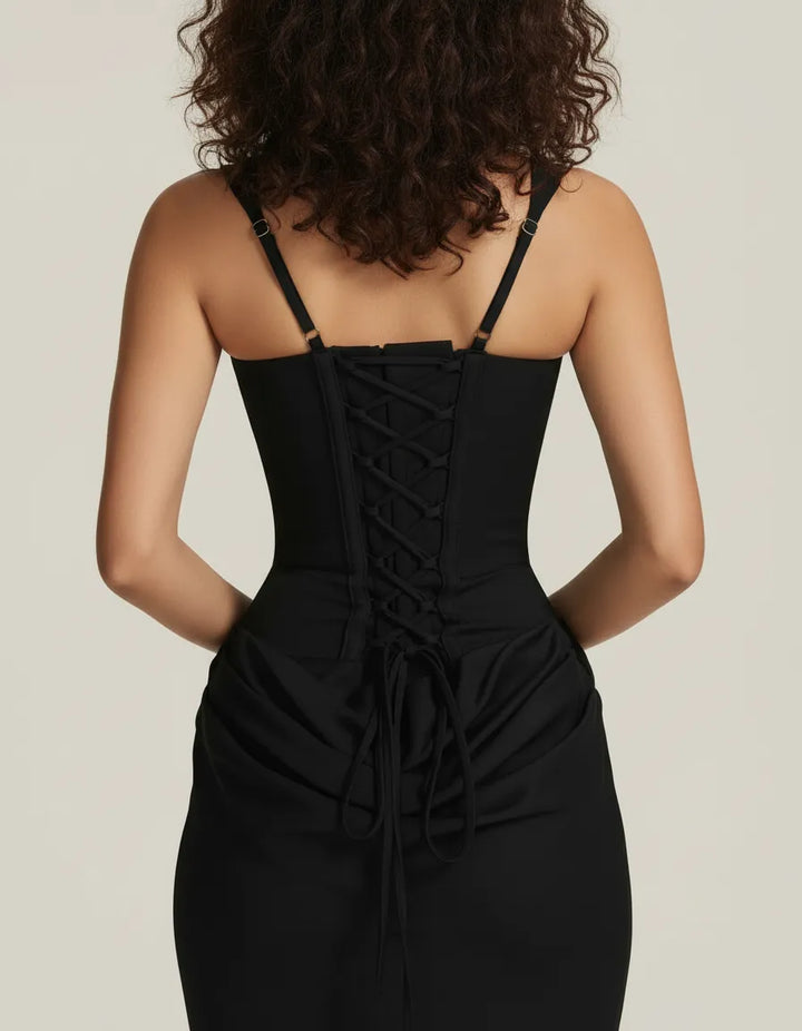 Elegant women's sculpted midi dress, ideal for formal parties and sophisticated occasion wear.