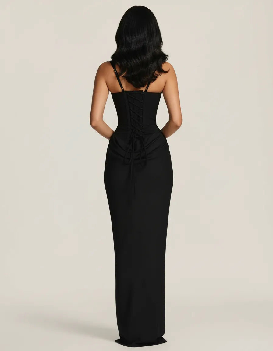 Stylish sculpted midi dress, offering modern feminine fashion for women's evening events.