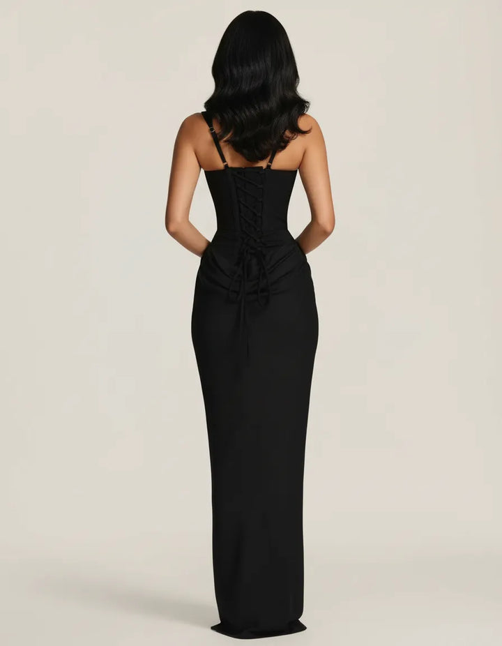 Stylish sculpted midi dress, offering modern feminine fashion for women's evening events.