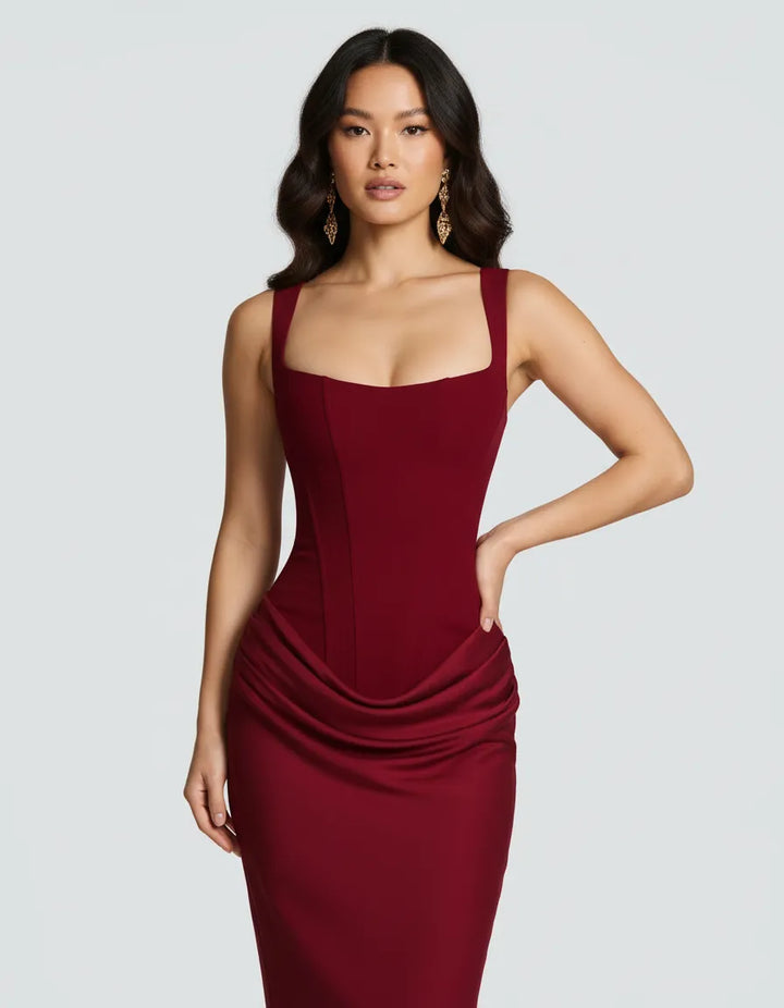 Women's modern sculpted midi dress, perfect for elegant parties & sophisticated feminine fashion.