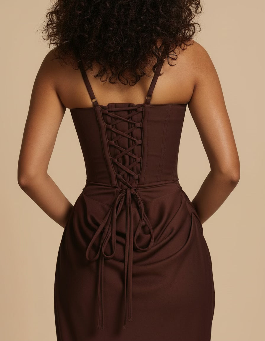 Feminine sculpted midi dress, a chic modern outfit for women's evening & party occasions.