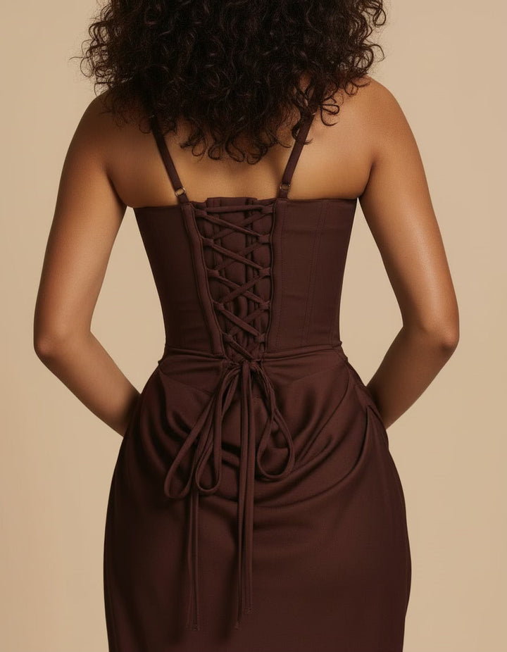Feminine sculpted midi dress, a chic modern outfit for women's evening & party occasions.