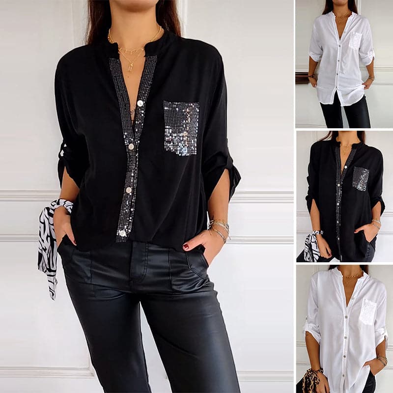 Women's elegant sequin trim button-up shirt in a relaxed fit, perfect for day to night.