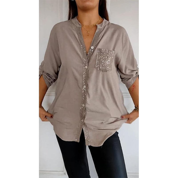 Glam women's mid-sleeve button-up shirt with elegant sequin detailing, a chic blouse.