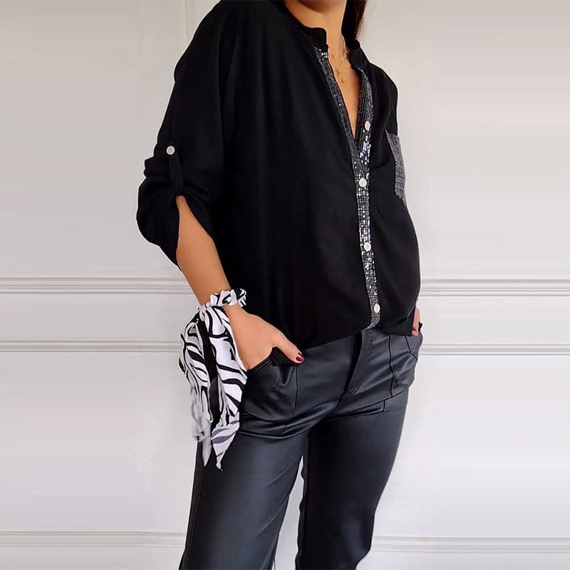 Stylish sequin trim top for women, a versatile button-up shirt for any occasion.
