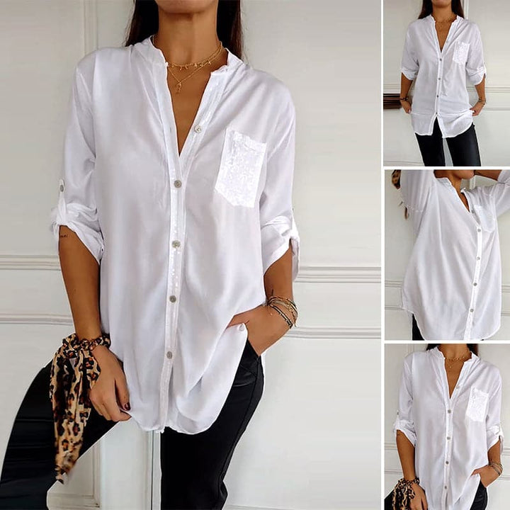 Versatile women's button-up top with elegant sequin sparkle, ideal for chic styling.