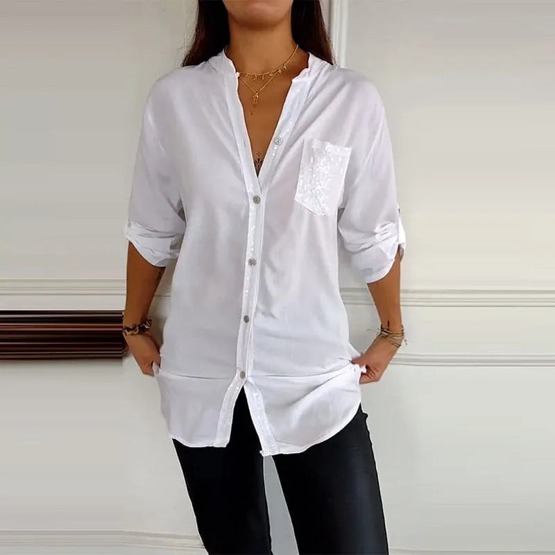 Relaxed fit sequin trim button-up shirt for women, comfortable and fashion-forward.
