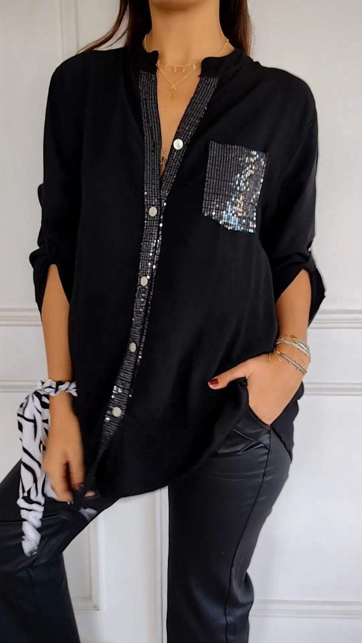 Elegant women's sequin trim top, a versatile button-up style for a polished appearance.