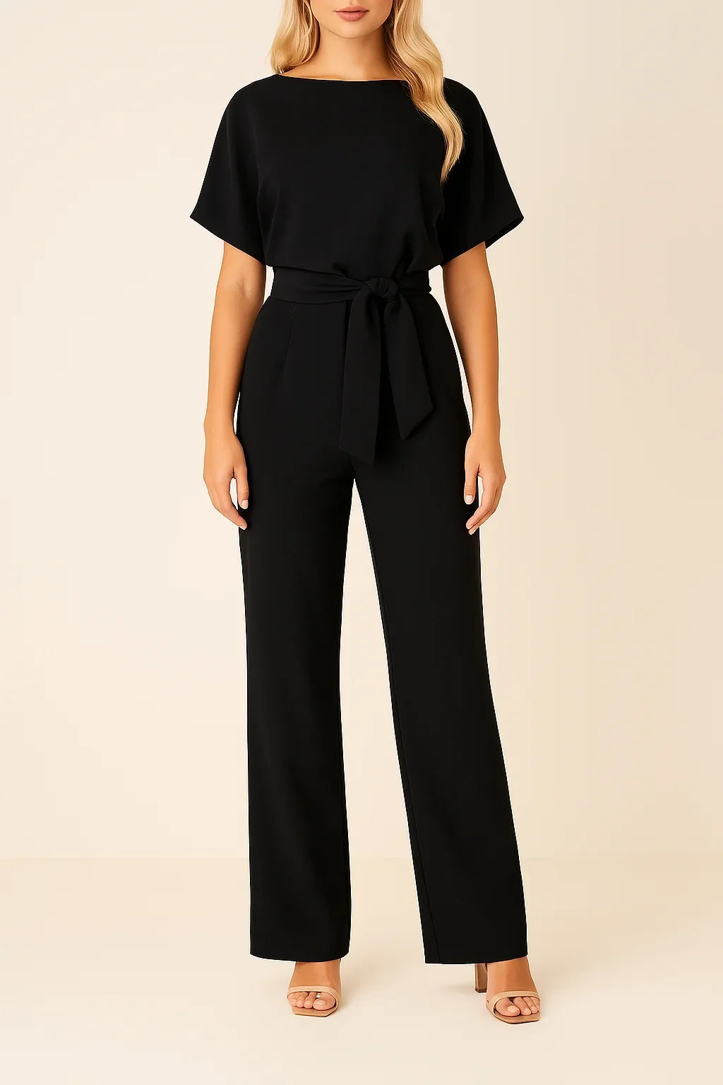 Women's elegant short sleeve wide leg jumpsuit with tie waist. Perfect for versatile styling.