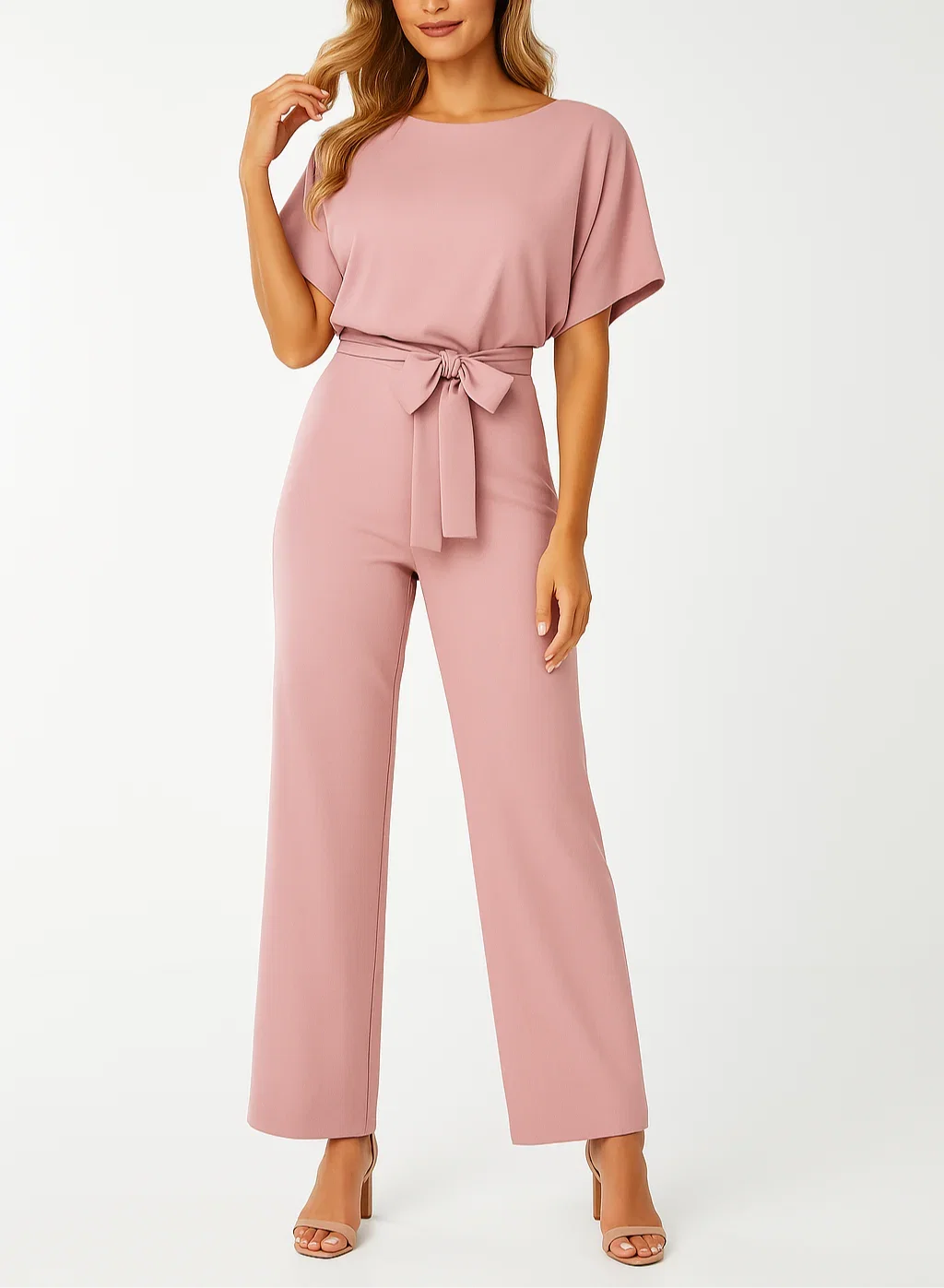 Flattering silhouette of women's short sleeve wide leg jumpsuit. Elegant one-piece with a chic tie waist.