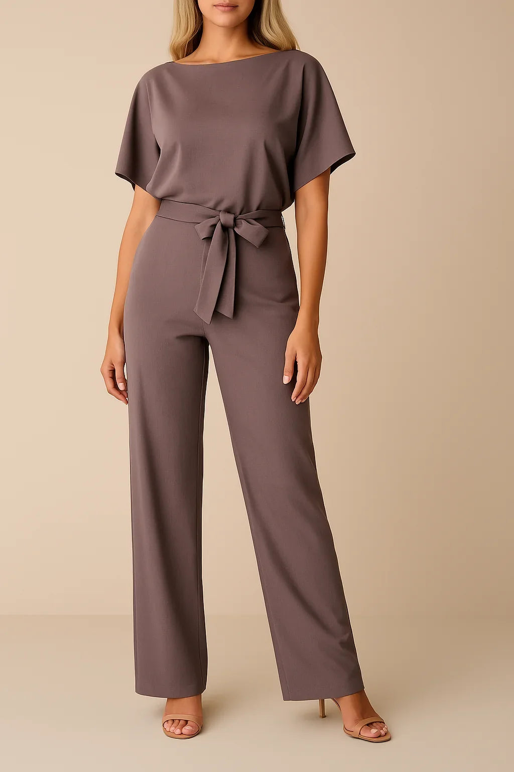 Women's elegant short sleeve wide leg jumpsuit with tie waist. A comfortable & versatile one-piece outfit.