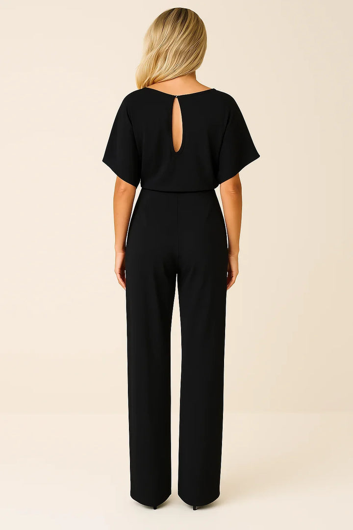 Chic women's wide leg jumpsuit with short sleeves & tie waist. Comfortable & stylish for any occasion.
