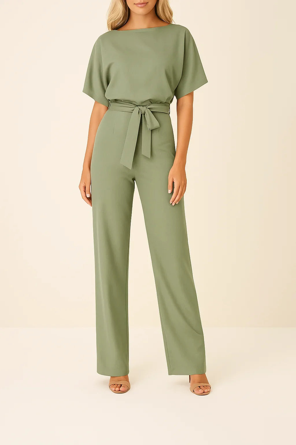 Elegant women's one-piece wide leg jumpsuit. Short sleeves & tie waist for chic casual or evening wear.