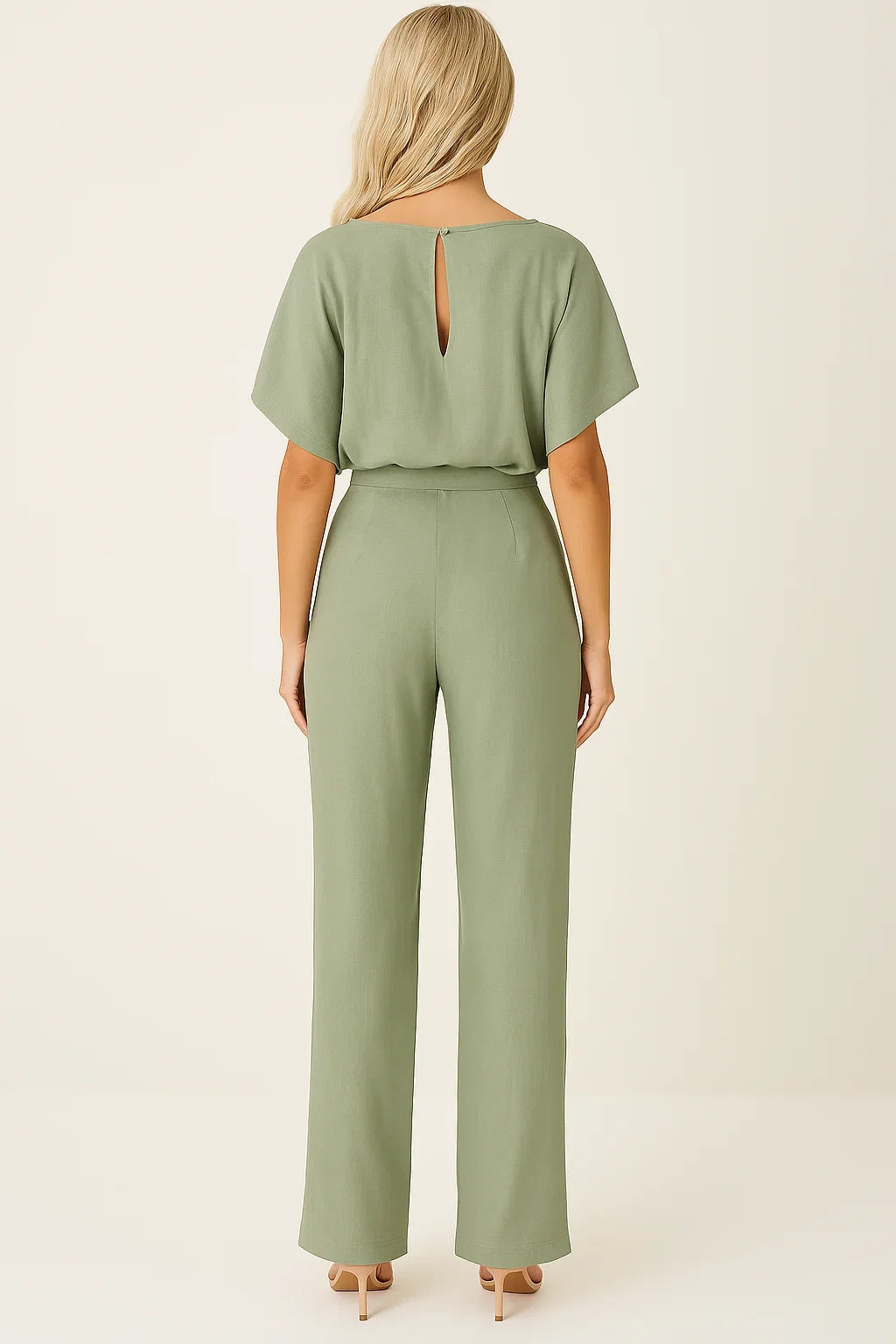 Versatile women's short sleeve wide leg jumpsuit. Tie waist design, ideal for summer, casual or evening.