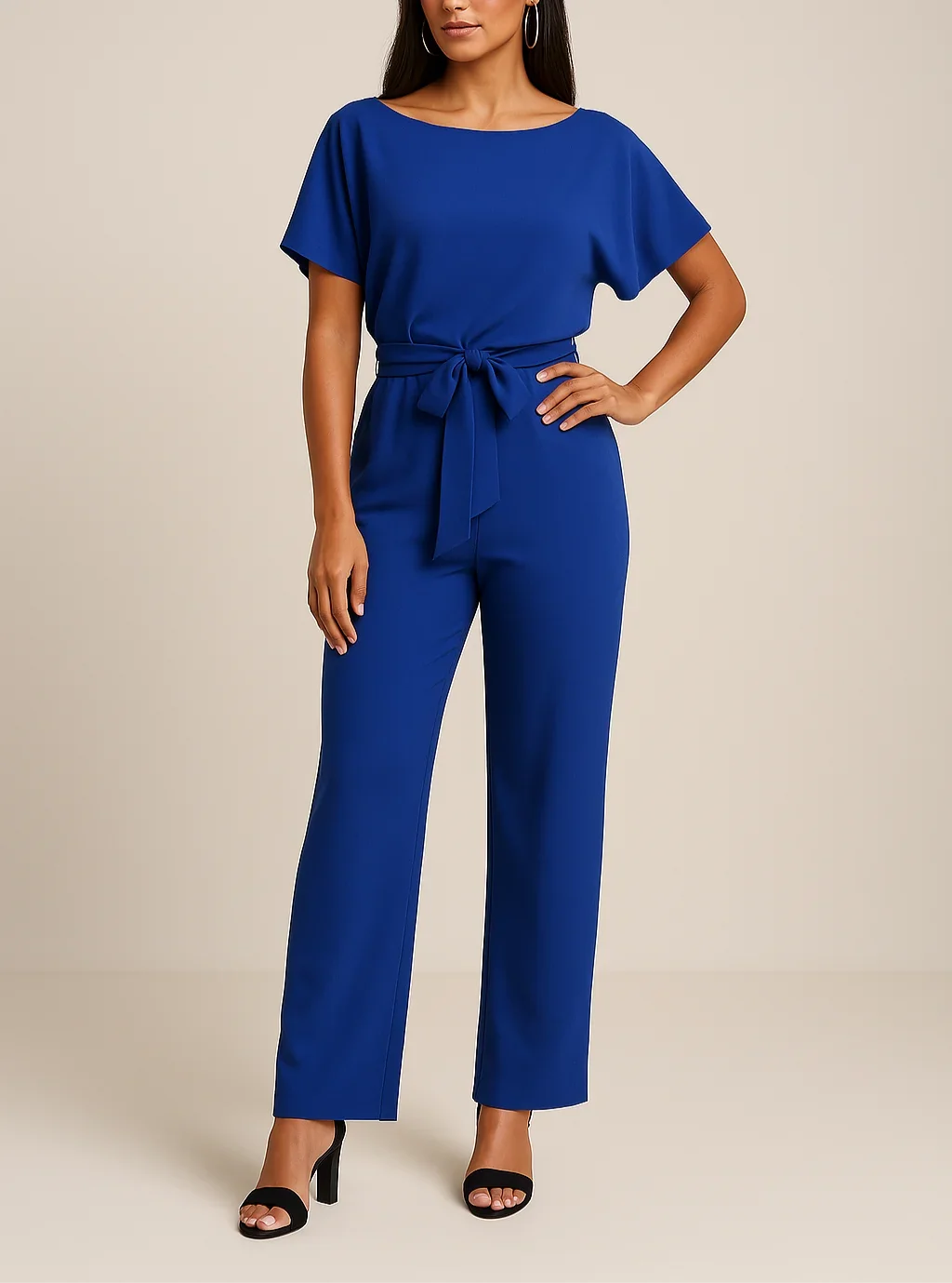 Close-up of the elegant tie waist on a women's short sleeve wide leg jumpsuit. Flattering & chic design.