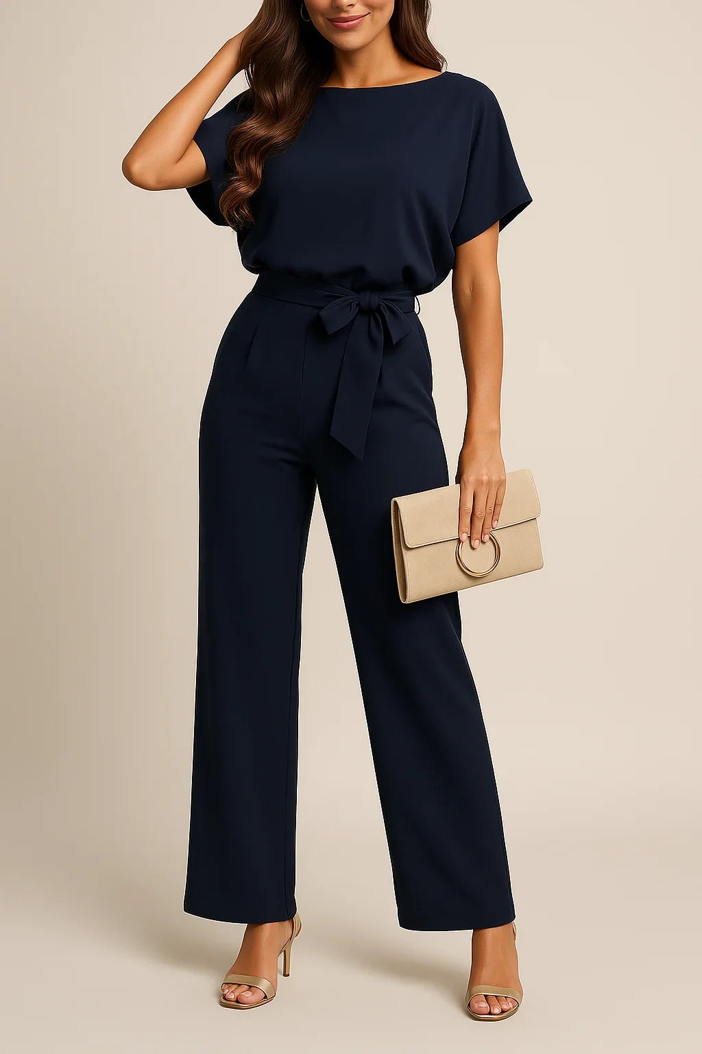 Full-body shot of women's elegant wide leg jumpsuit. Short sleeves & tie waist detail for a sophisticated look.