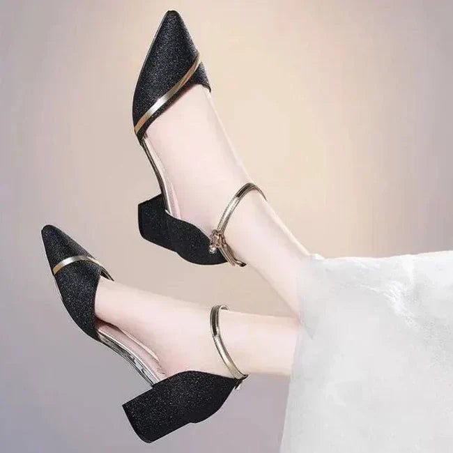 Fashionable all-season footwear: women's elegant block heels with a secure ankle strap.