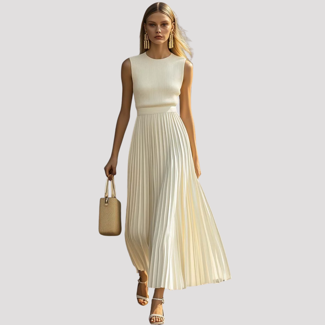 Stylish women's sleeveless pleated maxi dress, a flattering party or summer dress for any occasion.