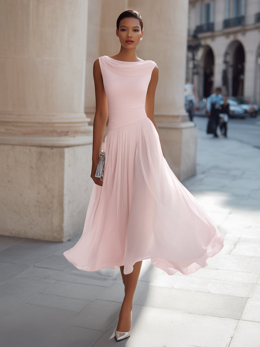 Draped neckline, pleated midi dress for women, sleeveless, an elegant choice for events.