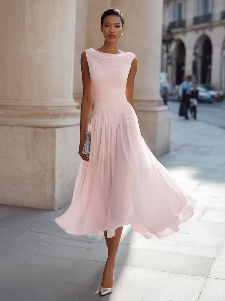 Draped neckline, pleated midi dress for women, sleeveless, an elegant choice for events.